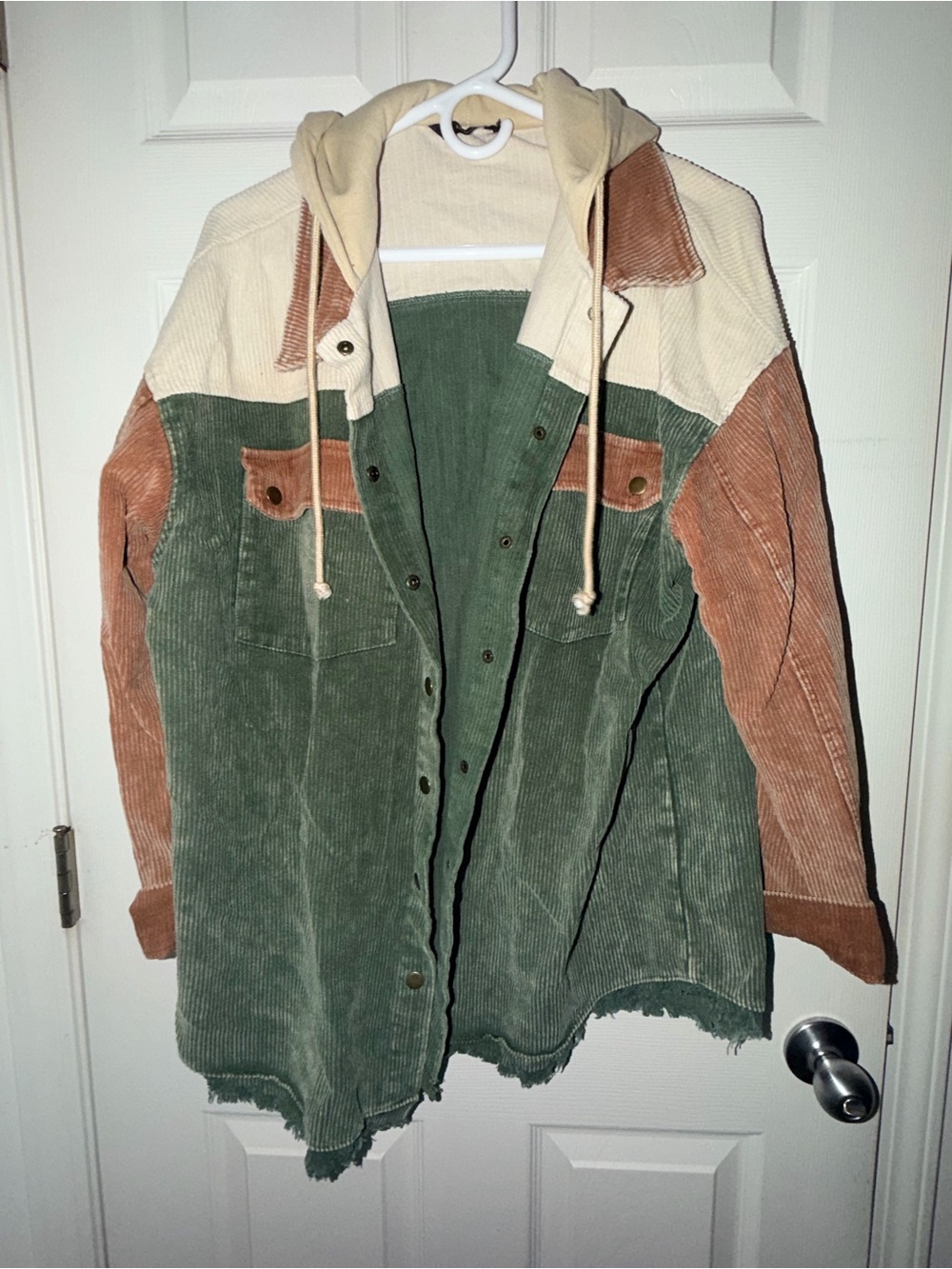 Corduroy Utility Jacket with Hood in Green & Tan